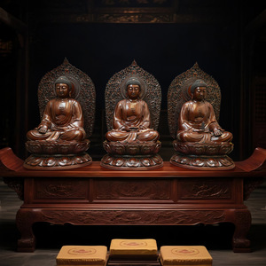 Estatua de Buda de las Tres Joyas del Mundo Cobre, 1.3m, Figura Sentada Hecha a Mano en Bronce para Culto en Templos - Product Image 1