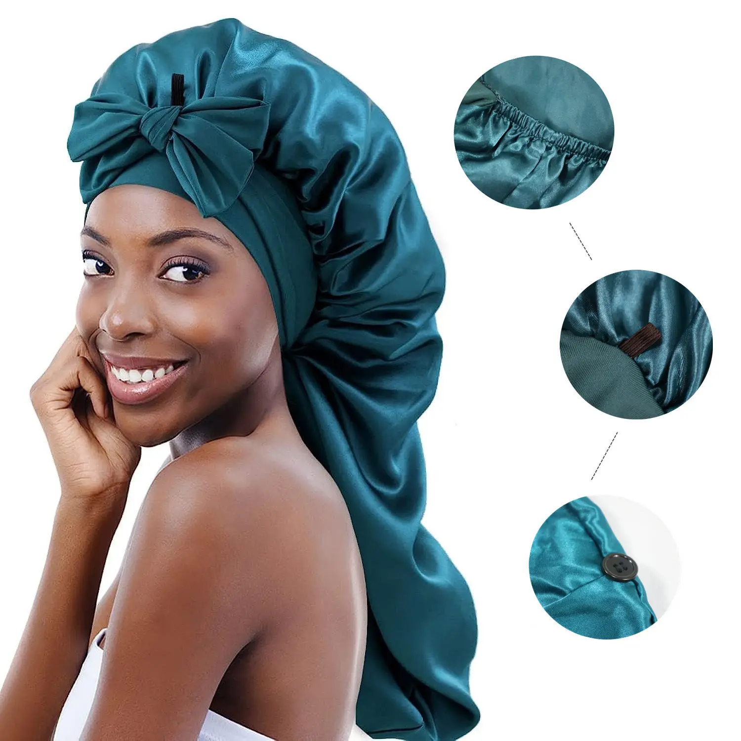 No Slip-Off Long Bonnets with Elastic Tie Band Adjustable Straps Jumbo Size Sleep Satin Bonnet for Women Long Braid Curly Hair