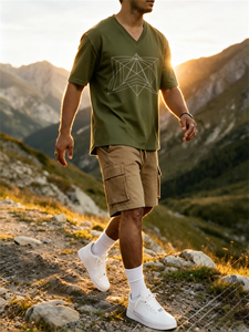 Ensemble décontracté streetwear pour homme, composé d'un t-shirt à col en V à imprimé géométrique vert armée et d'un short cargo kaki - Product Image 4