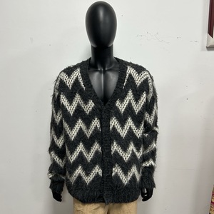 Black <b>White</b> Zigzag Knit <b>Cardigan</b> Men <b>Chunky</b> Cable Pullover Sweater Loose Fit Autumn Winter - Product Image 1