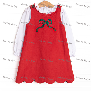 Monogram Baby Girls Christmas Corduroy <strong>Dress</strong> Set Custom Kids Red Green Ruffle Collar Shirt and Scalloped Pinafore <strong>Dress</strong> - Product Image 2