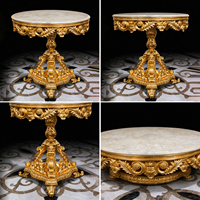Table basse de luxe pour salon, table ronde en bois sculpté à la main doré de style européen avec plateau en marbre, table à thé, mobilier de maison, vente en gros