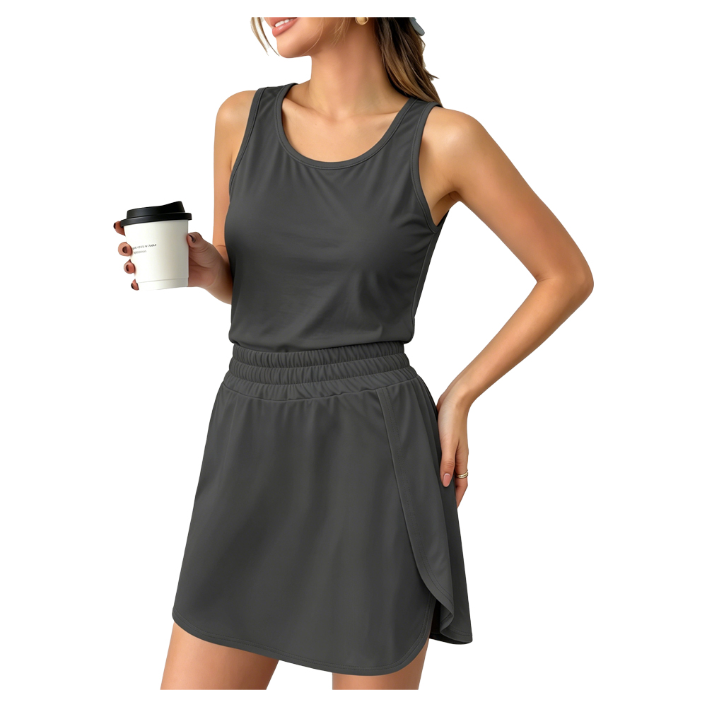 Custom Logo Women Yoga Tennis Set Solid Color Sleeveless Tank Top Split Anti Exposure Skort Outdoor Sports Workout Tracksuit