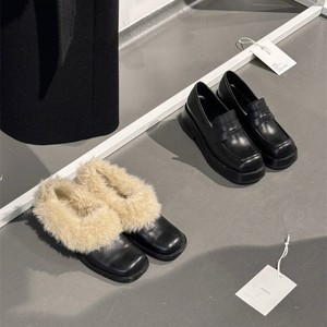 New Arrival Cowhide Loafers, Women Genuine Leather Square Toe <b>Block</b> Heel Fur Lined Warm Casual Shoes - Product Image 4