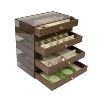 Boîte de rangement à bijoux grande capacité avec couvercle transparent anti-poussière, tiroirs en bois grainé et compartiments de rangement pour bagues et colliers