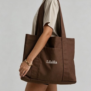 Sac fourre-tout en toile de coton <span class=keywords><strong>marron</strong></span> robuste pour le voyage et le shopping, avec poche avant et logo brodé - Product Image 4