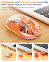 Kablosuz Çift Modlu Şeffaf Mouse Şarj Edilebilir 5 Tuşlu RGB Işıklı Optik Kablosuz Mouse USB Type C Sağ El İçin Masaüstü Mouse