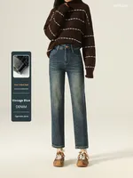 Jeans droits en denim d'hiver taille haute amincissants à quatre sens extensibles lavés à la nano, pantalon cigarette vintage bleu pour femmes