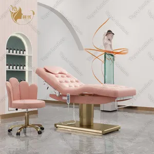 Sang Trọng Màu Hồng Tufted Da Vàng Salon Spa Giường Vẻ Đẹp Thiết Bị 3 Động Cơ Điện Bàn Mỹ Phẩm Massage Giường Với Đèn LED Chiếu Sáng