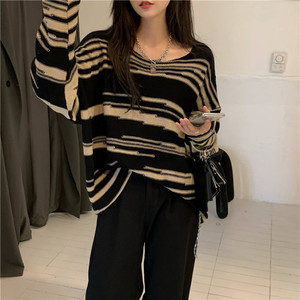 Pull en tricot rayé pour femme, manches longues, coupe ample, col rond, décontracté, pour l'automne et l'hiver - Product Image 2