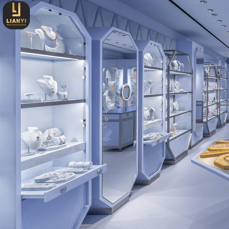 New Retail Concept Jewelry Store Fixtures Design Blue Tone Tower Jewelry  Showcase Display Cabinet with Jewellery Stand