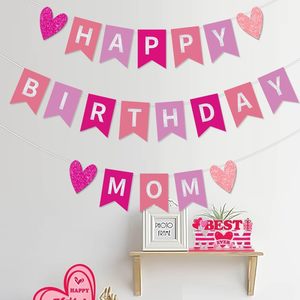 Guirnalda de Decoración de <span class=keywords><strong>Feliz</strong></span> Cumpleaños para Mamá, Guirnalda de Lentejuelas Rosa y Roja para Decoración de Fiesta de Cumpleaños para Mamá, Mujer - Product Image 4