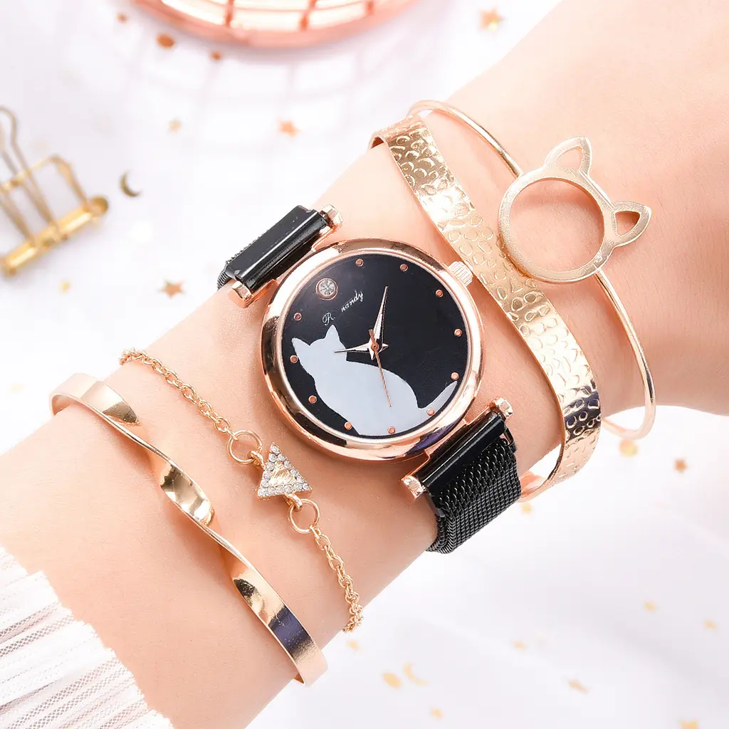 5 unids/set reloj de mujer conjunto de pulsera de oro rosa lindo gato negro imán reloj de lujo conjunto de pulsera para mujer