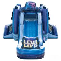 Structure gonflable combinée toboggan et château de saut sur le thème des jeux vidéo pour enfants, contrôleur de jeu, bleu/violet, PVC, capacité 6-10 personnes, usage commercial