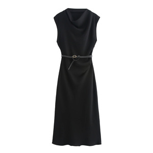 Vestido Midi IStapromo para Mujer, Estilo Europeo y Americano, Moderno, Casual, Sin Mangas, Cintura Ajustada con Cinturón - Product Image 2