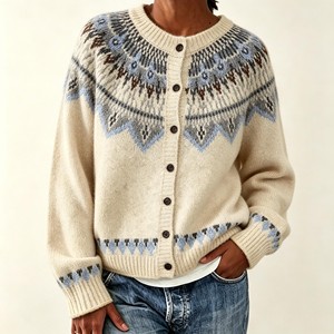 Cárdigan de punto para mujer, mezcla de lana de alpaca, con botones, cuello redondo, manga larga, diseño Fair Isle - Product Image 5