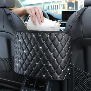 Car Net Pocket Handbag Holder Between Seats Luxury Quilted PU Leather Purse Car Organizer With 2 Extra Pockets For Storage