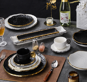 Vajilla de cerámica de lujo con textura martillada, en negro, blanco y dorado, juego de platos, tazones y tazas de porcelana para restaurante, hotel, boda, regalo. - Product Image 5