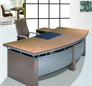 Scrivania Direzionale Curva in Noce con Pannello Frontale in Metallo Forato e Ritorno Laterale per Ufficio Manager - Vendita all'Ingrosso - Product Image 1