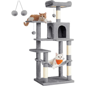 Arbre à chat multi-niveaux 143 cm de haut avec 4 poteaux, 2 plateformes, hamac et grotte - Product Image 1
