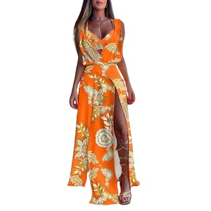 Vestido largo bohemio de verano para mujer, estampado Floral, cuello en V, sin mangas, con tirantes, cintura Imperio, hasta el suelo, para gasa informal con cuello Halter - Product Image 3