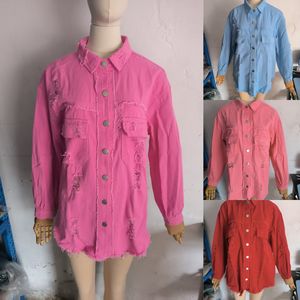 最新设计S-2xl中长牛仔夹克，带撕裂边缘和孔的女式秋冬长袖休闲翻领上衣 - Product Image 4