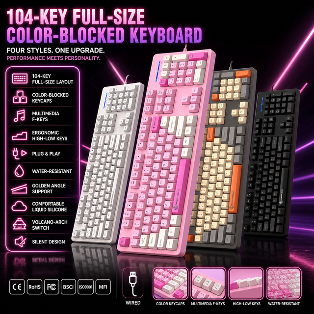 Wired USB Mechanical Keyboard Full Size 106 Keys Anti-Ghosting Silent Plug & Play for Office Desktop Laptop Use