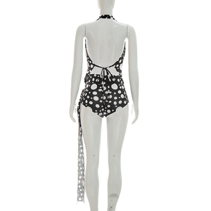 Viviblook J26ST156 Women Summer Casual Set Deep V Backless Halter <b>Top</b> Polka Dot Printed High Waist Mini Shorts Set - Product Image 6