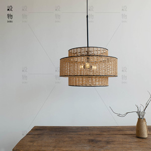Lustre rond en rotin fait à la main, luminaire suspendu LED à trois têtes E27, pour salle à manger, salon, chambre à coucher, salon de thé, Style Zen - Product Image 1