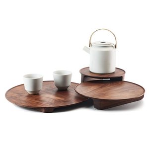 Vassoio Rotondo Galleggiante con Piedini Alti in Legno Massello di Noce Nero e Faggio, Stile Giapponese, Multifunzione, Porta Teiera - Product Image 3