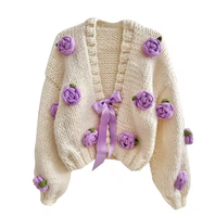 Cardigan tricoté pour femme à manches longues, motif floral brodé au crochet, avec nœud rose personnalisé, en maille épaisse, collection Hiver 2026