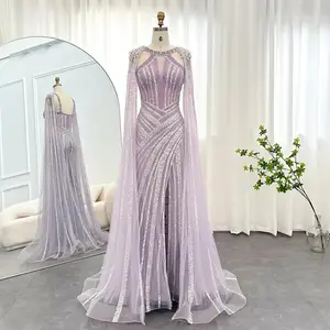 ASA-SS203 Purple Elegant Women Party Evening Dresses Floor-length Cape Sleeved Beaded Evening Gown