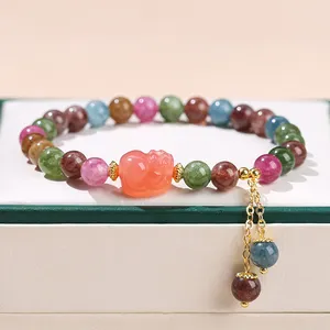 JD Gems Pulseira de miçangas redondas para mulheres, joia de presente de ano novo com pedra de cura e calcedônia, imitação de turmalina, pingente Pixiu de ágata