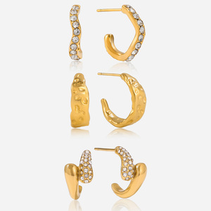 Huggie <b>Earrings</b> 18K Gold Plated Stainless Steel C Hoop <b>Studs</b> Geometric Design Bezel Set <b>Crystals</b> Fashion Jewelry - Product Image 1