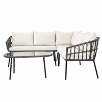 Ensemble de canapé sectionnel en forme de L en osier tressé gris anthracite avec table basse ovale en verre, meubles de patio, coussins crème pour jardin