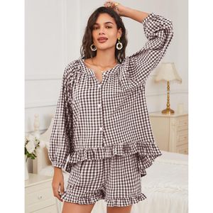 Women Gingham 2 Piece Pajama Set Long Sleeve Ruffle Shorts Sleepwear With <b>Pockets</b> Casual Woven Fabric Soft Comfortable Lounge - Product Image 4