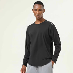 Maglietta nera a maniche lunghe da uomo con orlo curvo con stampa a striscia riflettente basket calcio pallavolo tuta da Fitness - Product Image 1