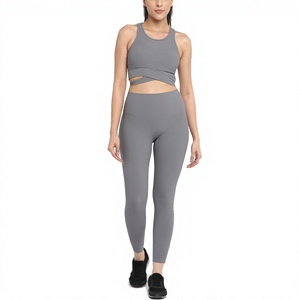 Women's Gray Yoga Set Racerback Crop Top High Waist Leggings Full Length Seamless 2 Piece Solid Sportwear - Product Image 1