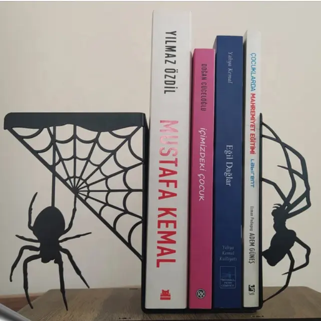 עכביש אינטרנט תומכי ספרים עכביש מתכת אמנות שחור דקורטיבי ספר מסתיים לבית לייזר חיתוך מתכת תומכי ספרים