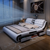 Lit intelligent multifonctionnel en cuir et bois massif, design minimaliste moderne avec projecteur et rangement, style tatami pour petites/grandes maisons