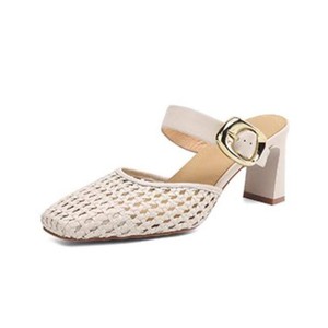 Sandalias de tacón tejidas de verano para mujer, con punta cuadrada, tacón medio, diseño sin espalda y transpirable - Product Image 5