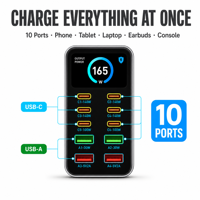 Chargeur de bureau GaN 165W multi-ports USB C, station de charge rapide PD 3.1 avec écran numérique pour ordinateur portable, smartphone, tablette