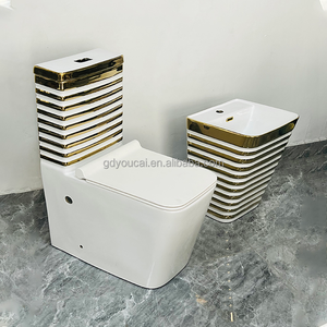 Amélioration de la salle de bain Toilette blanche à rebord doré WC Combinaison de lavabo de toilette Nigeria Mise à niveau compétitive 1 pièce Toilette à <span class=keywords><strong>prix</strong></span> réduit - Product Image 1