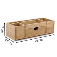 Organisateur de bureau en bambou avec support pour téléphone, tiroir et plusieurs compartiments pour stylos, pinces, fournitures de bureau et rangement de bureau