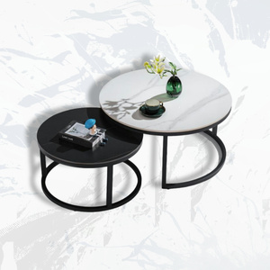Ensemble table basse double en acier inoxydable marbré en pierre frittée pour salon moderne Lu - Product Image 3