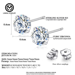 CEZ01 패션 리얼 925 스털링 실버 파인 주얼리 3mm 4mm 5mm 6mm 7mm 8mm 라운드 CZ 큐빅 지르코니아 클래식 스터드 귀걸이 여성용 - Product Image 5