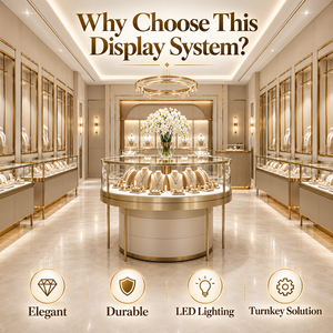 Mueble de Exhibición para Joyería Personalizado OEM, Vitrina con Vidrio Templado y Luces LED en Color Oro Champán para Boutique de Joyería, Solución Interior Llave en Mano - Product Image 4