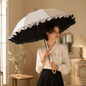 Parasol de mariage vintage en dentelle avec logo personnalisé OEM, bord festonné, poignée en bois, ouverture manuelle, pour femmes et filles - Product Image 1