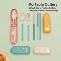 Ensemble d'ustensiles réutilisables en paille de blé écologique, kit de couverts pliables et portables (cuillère, fourchette, couteau, baguettes) avec étui, pour étudiants, bureau, voyage