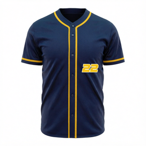 Maillot de sport bleu marine pour hommes avec bordure jaune, chemise uniforme d'équipe de softball sublimée à boutons, vente en gros - Product Image 1